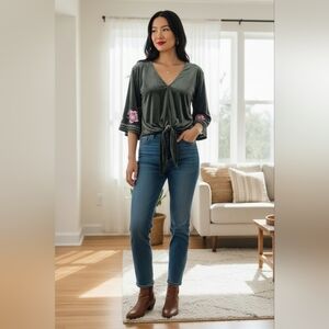 Lovestitch Olive Green Velour Floral Embroidered Front Tie Top